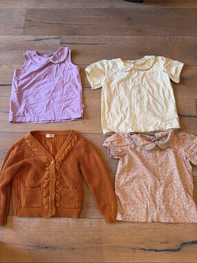 Girls' Knit Rust Cardigan with Pink, Yellow & Floral Tops Set